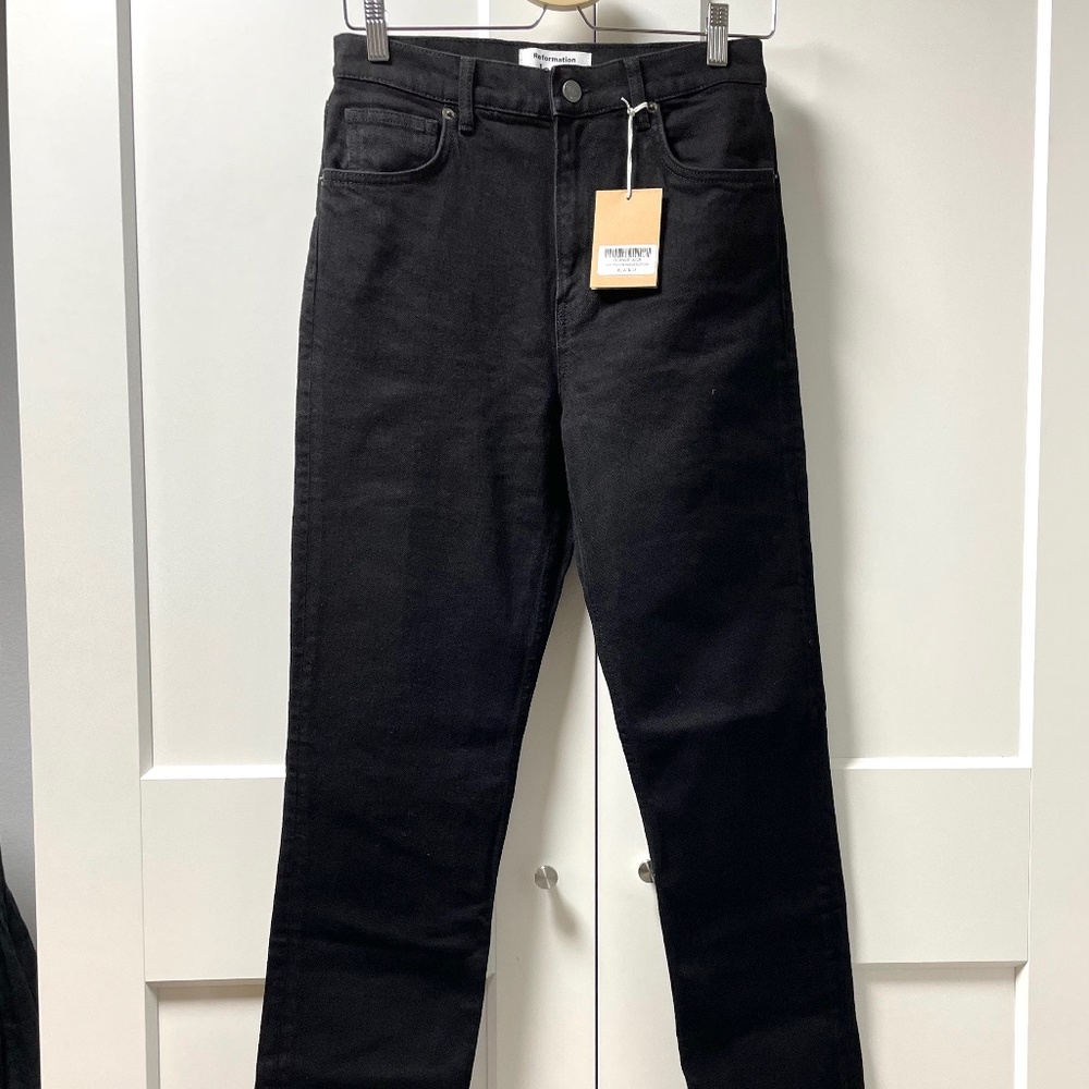 Reformation Liza Slit Hem Ultra High Rise Straight Jeans, Black 28 Long
